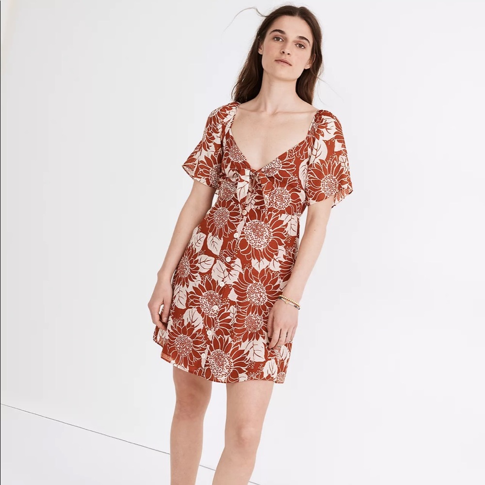 New Madewell Silk Tie-Front Mini Dress in Sunflower Season - Size 2 - Picture 3 of 8